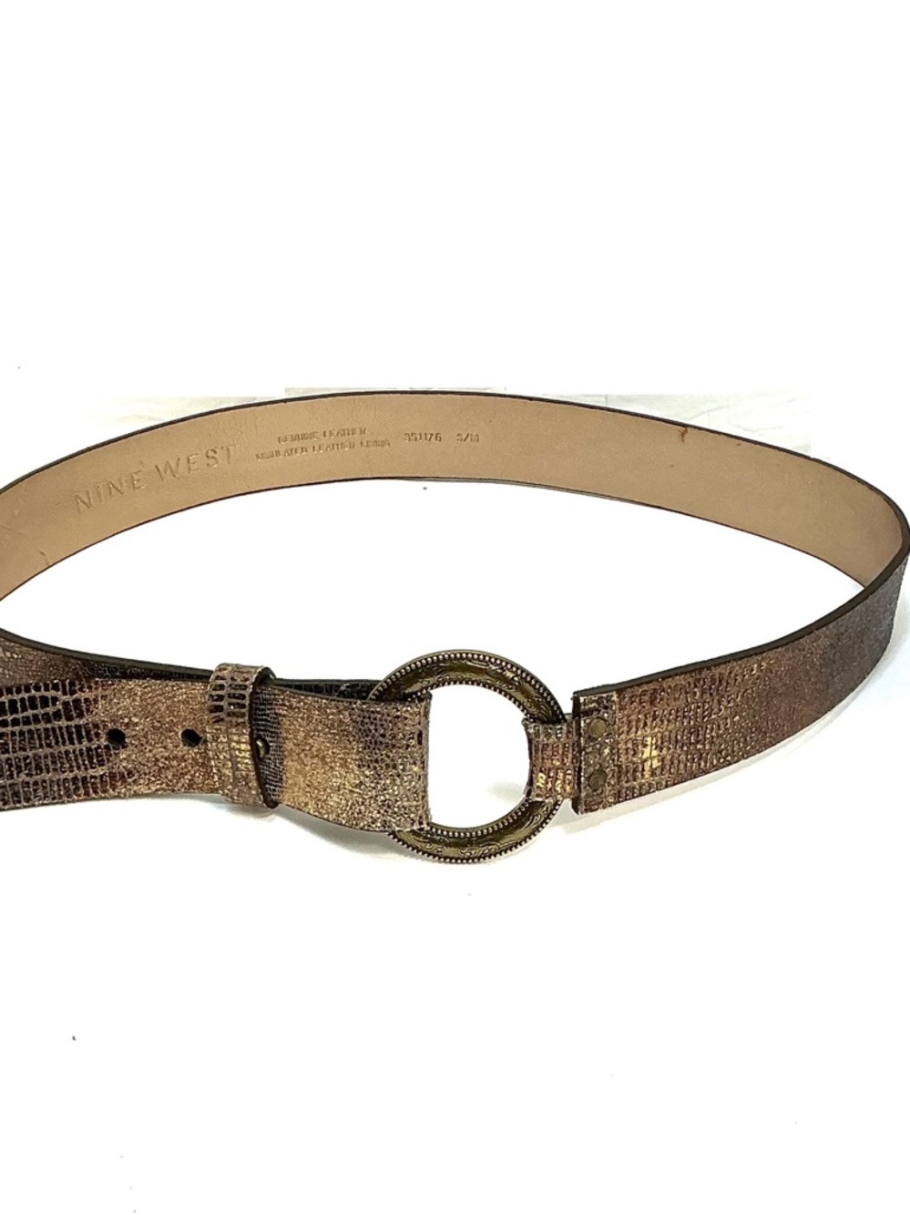 Nine West Metallic Bronze Textured Leather Ring Buckle Belt